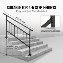 VEVOR Outdoor Stair Railing, Fits for 1-4 Steps Transitional Wrought Iron Handrail, Adjustable Exterior Stair Railing, Handrails for Concrete Steps with Installation Kit, Matte Black Outdoor Handrail