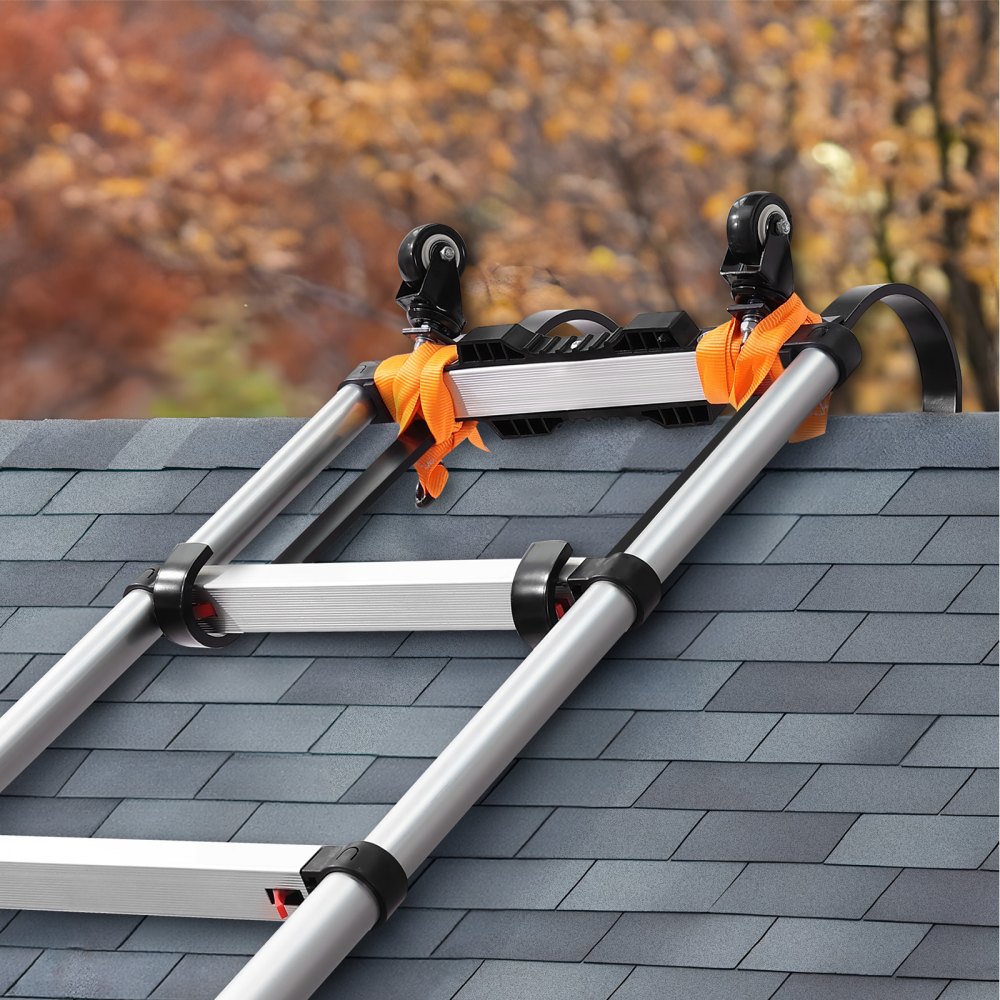 VEVOR Ladder Roof Hook, 2 Pack with Fixed Wheel & Swivel Bar, Wheel Heavy Duty Steel Ladder Stabilizer, Roof Ridge Extension for Damage Prevention, 600 lbs Weight Rating, Easy to Access Steep Roofs