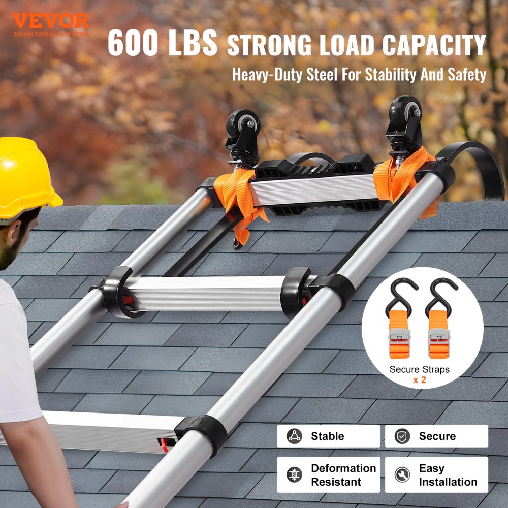 VEVOR Ladder Roof Hook, 2 Pack with Fixed Wheel & Swivel Bar, Wheel Heavy Duty Steel Ladder Stabilizer, Roof Ridge Extension for Damage Prevention, 600 lbs Weight Rating, Easy to Access Steep Roofs