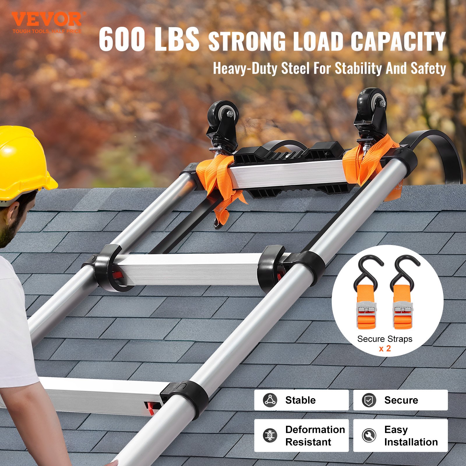 VEVOR Ladder Roof Hook, 2 Pack with Fixed Wheel & Swivel Bar, Wheel Heavy Duty Steel Ladder Stabilizer, Roof Ridge Extension for Damage Prevention, 600 lbs Weight Rating, Easy to Access Steep Roofs