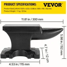 VEVOR Cast Iron Anvil, 25 Lbs(11kg) Single Horn Anvil with 6.8 x 3.5 inch Countertop and Stable Base, High Hardness Rugged Round Horn Anvil Blacksmith, for Bending, Shaping