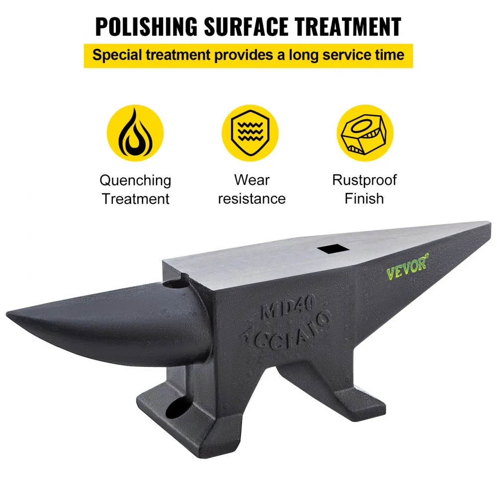 VEVOR cast iron anvil with polishing surface treatment, quenching, wear resistance, and rustproof finish.
