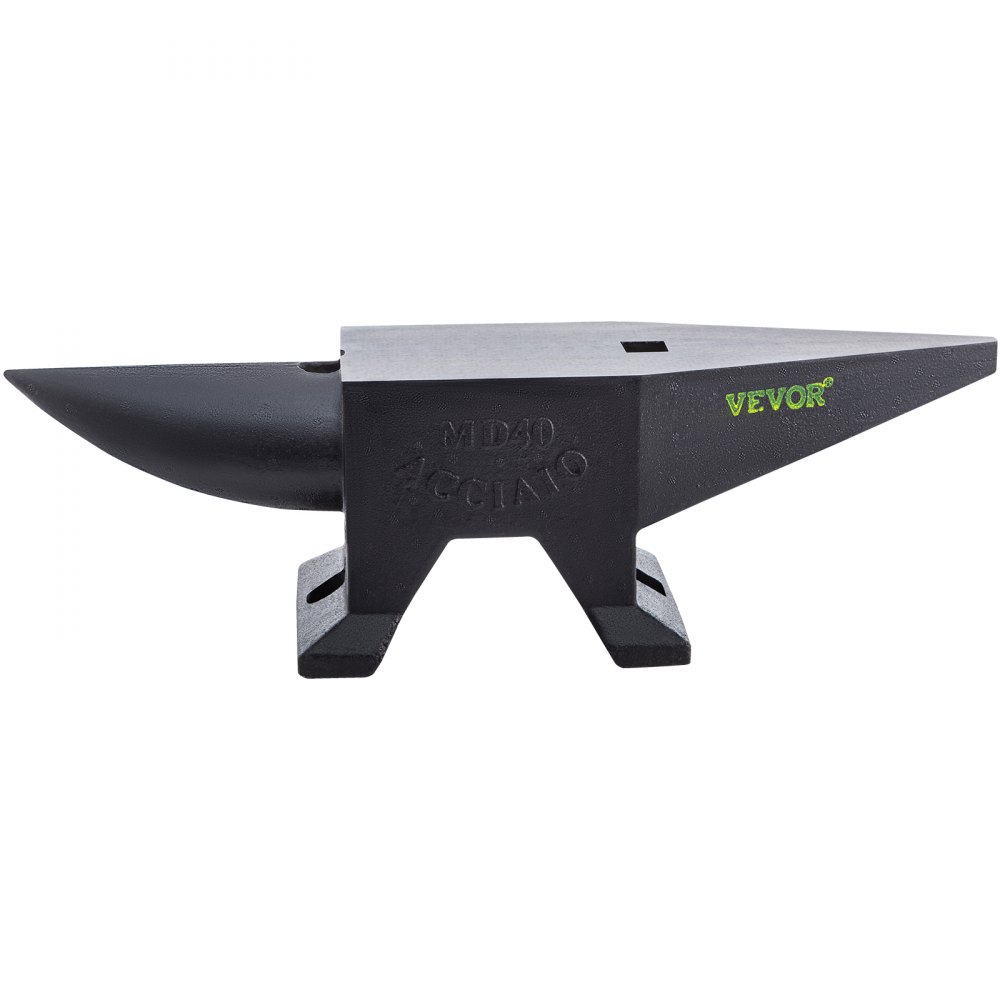 black VEVOR cast iron anvil with &quot;md40 acciaio&quot; engraved on its side and green &quot;VEVOR&quot; branding.
