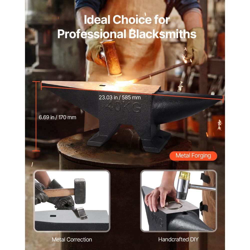 VEVOR Cast Iron Anvil, 86 Lbs Single Horn Anvil with Large Countertop and Stable Base, High Hardness Rugged Round Horn Anvil Blacksmith, for Bending, Shaping