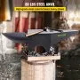 VEVOR cast iron anvil, 88 lbs, on a wooden stump with a hammer and tools in a workshop.