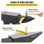 VEVOR cast iron anvil showing round horn for flatting and shaping, square hole for punching and twisting.