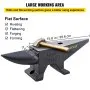 VEVOR cast iron anvil with a hammer on a flat surface, showcasing dimensions and uses.