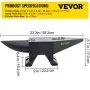 VEVOR cast iron anvil with dimensions and hole sizes displayed, black color, and VEVOR branding.
