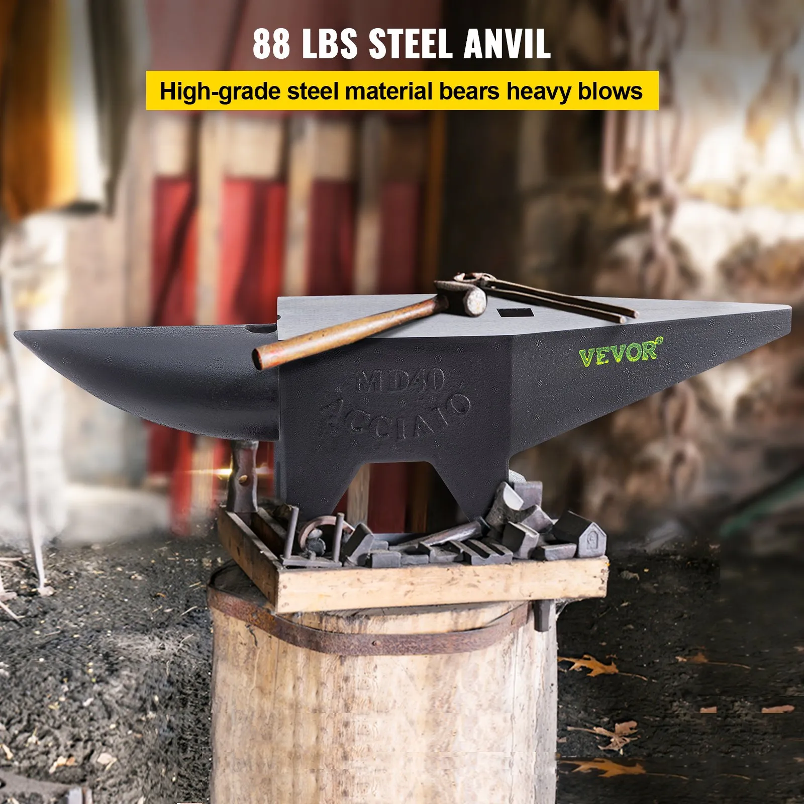 VEVOR cast iron anvil, 88 lbs, on a wooden stump with a hammer and tools in a workshop.