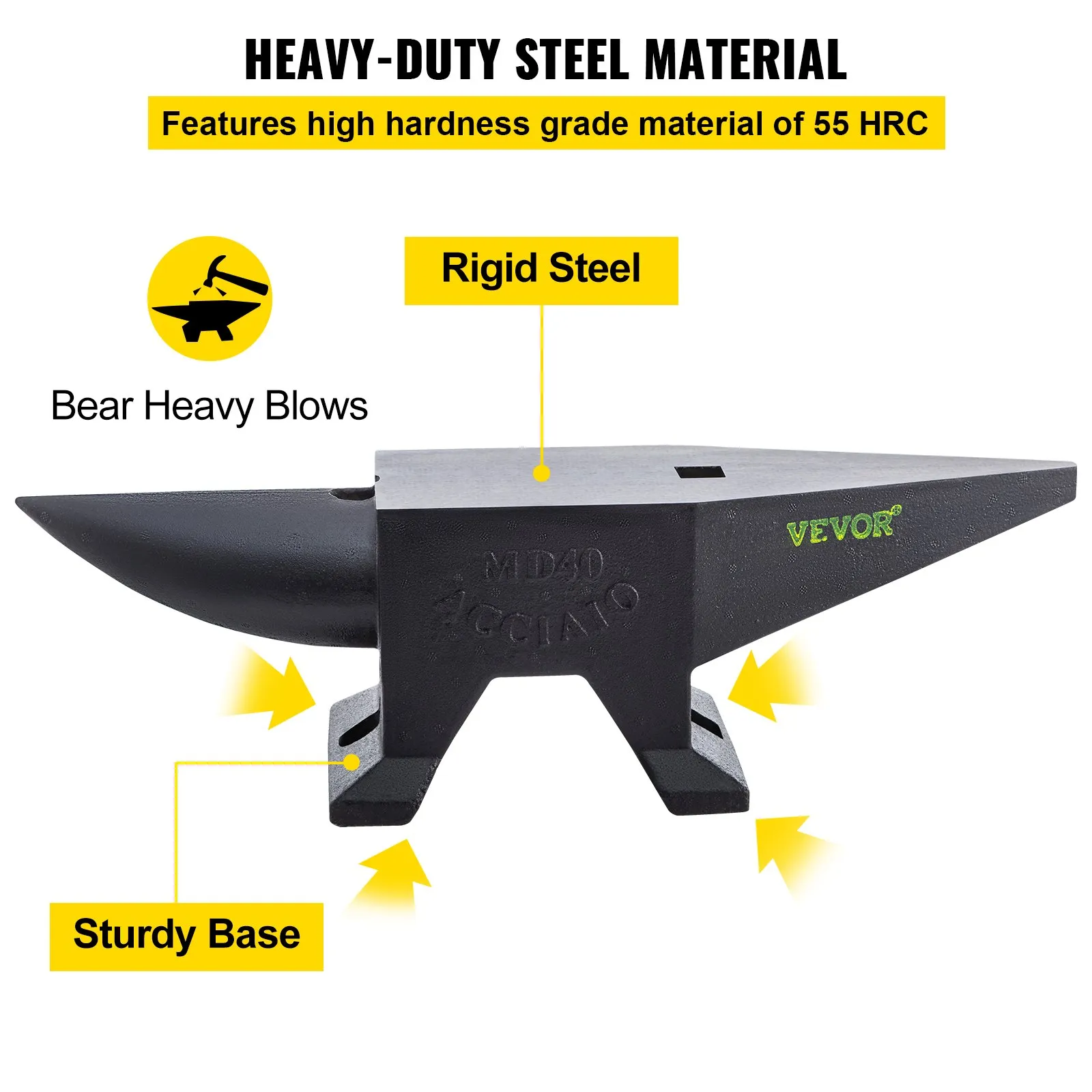 VEVOR cast iron anvil with rigid steel, sturdy base, and high hardness grade of 55 hrc.