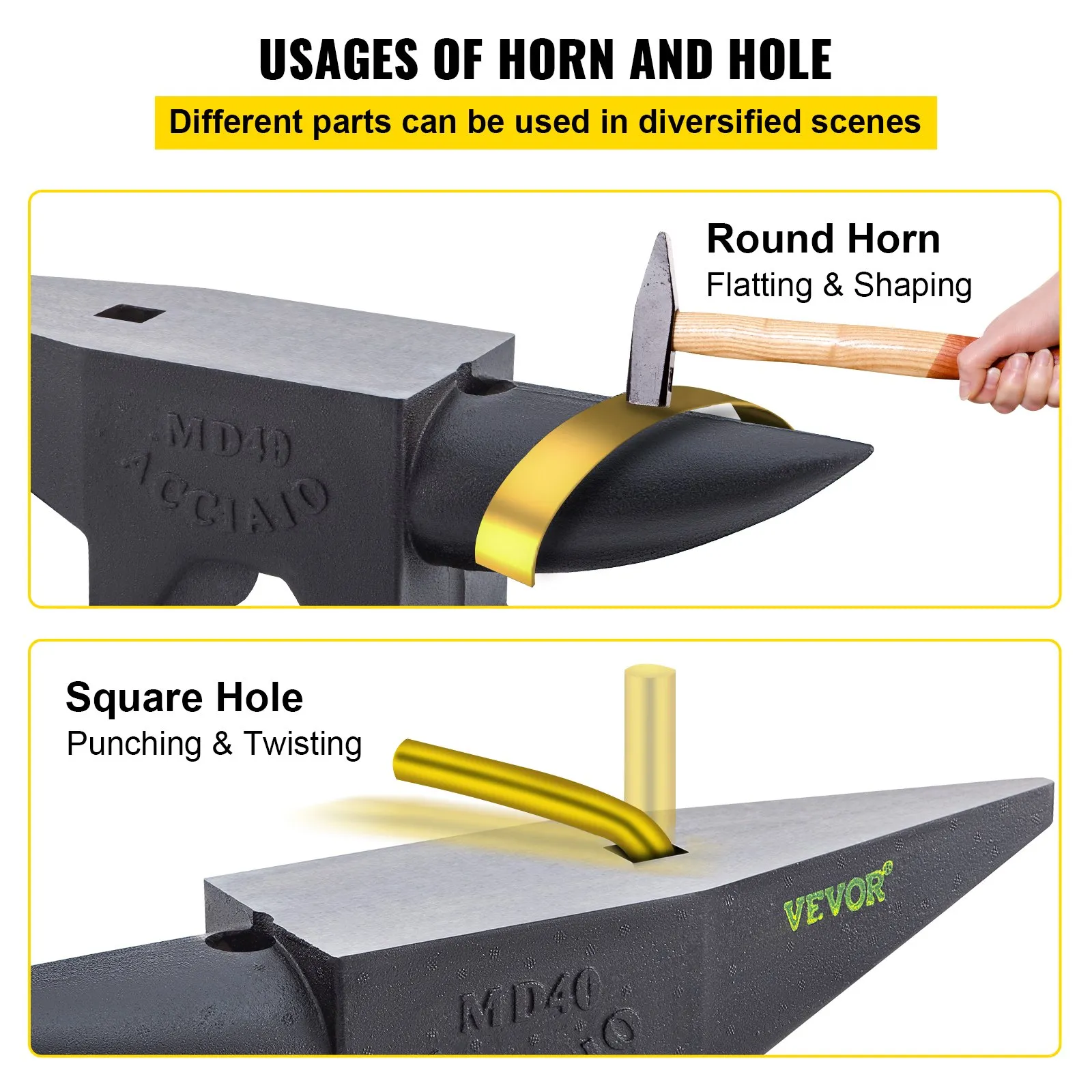 VEVOR cast iron anvil showing round horn for flatting and shaping, square hole for punching and twisting.