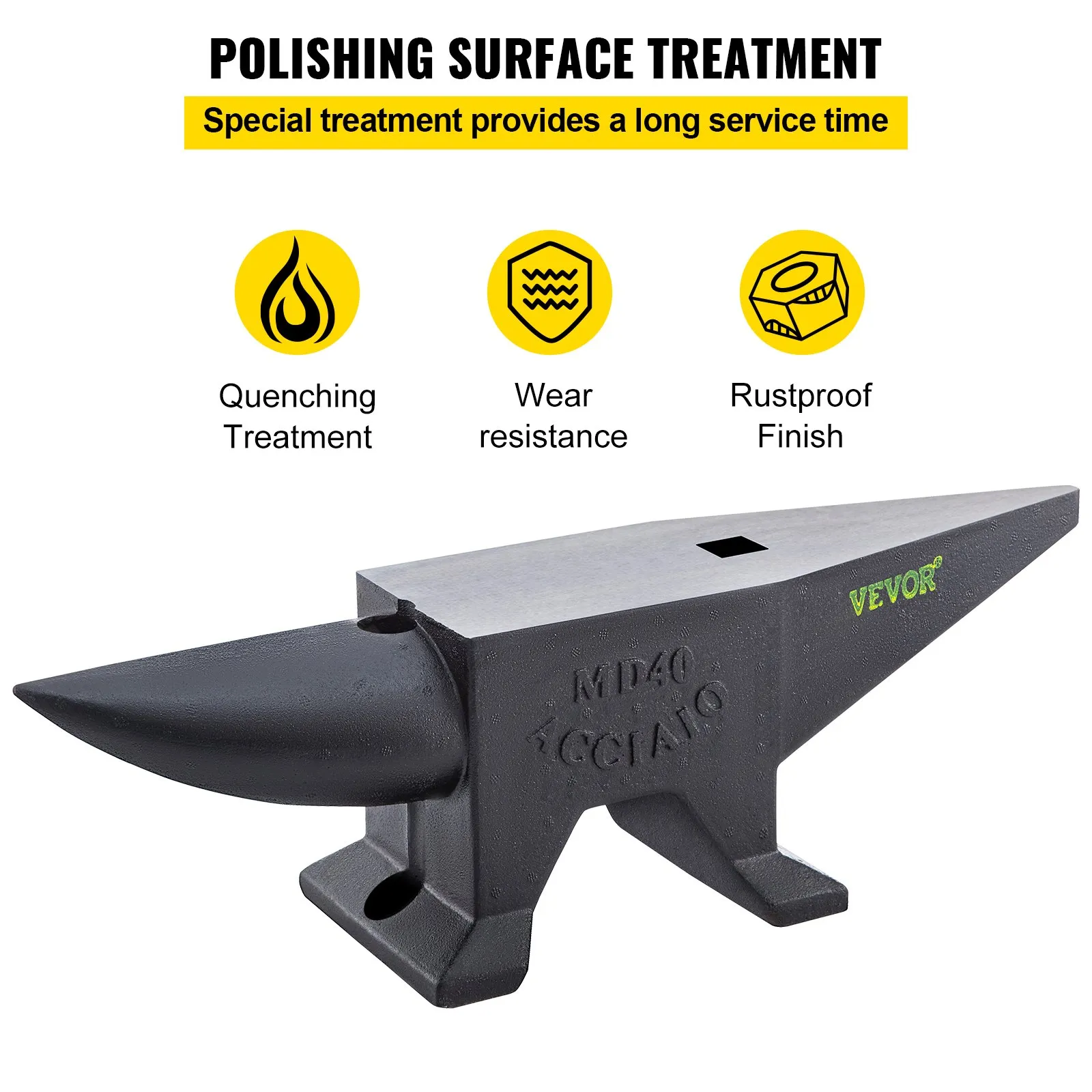 VEVOR cast iron anvil with polishing surface treatment, quenching, wear resistance, and rustproof finish.