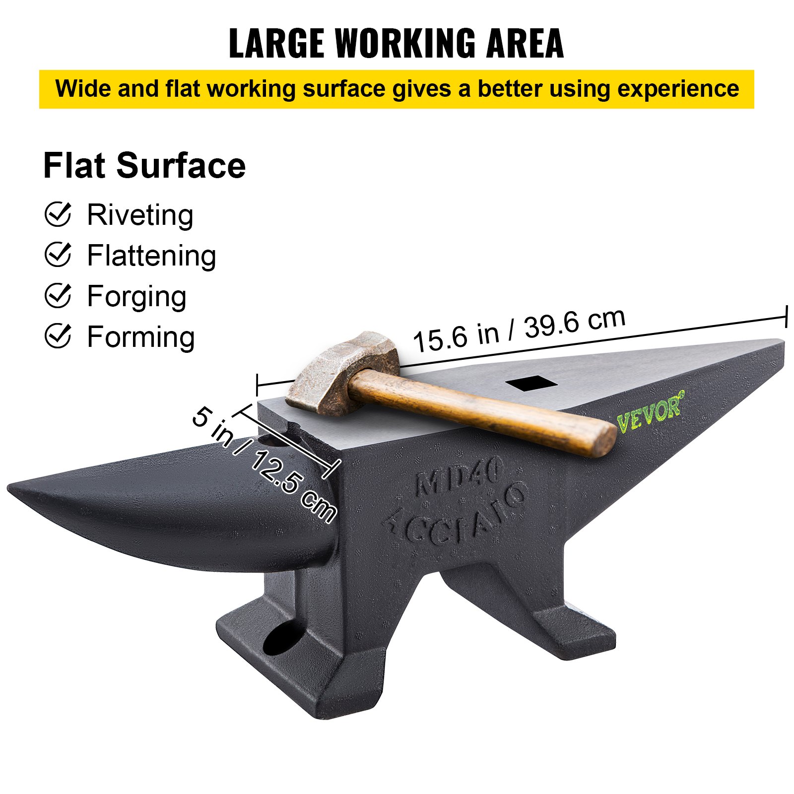 VEVOR cast iron anvil with a hammer on a flat surface, showcasing dimensions and uses.