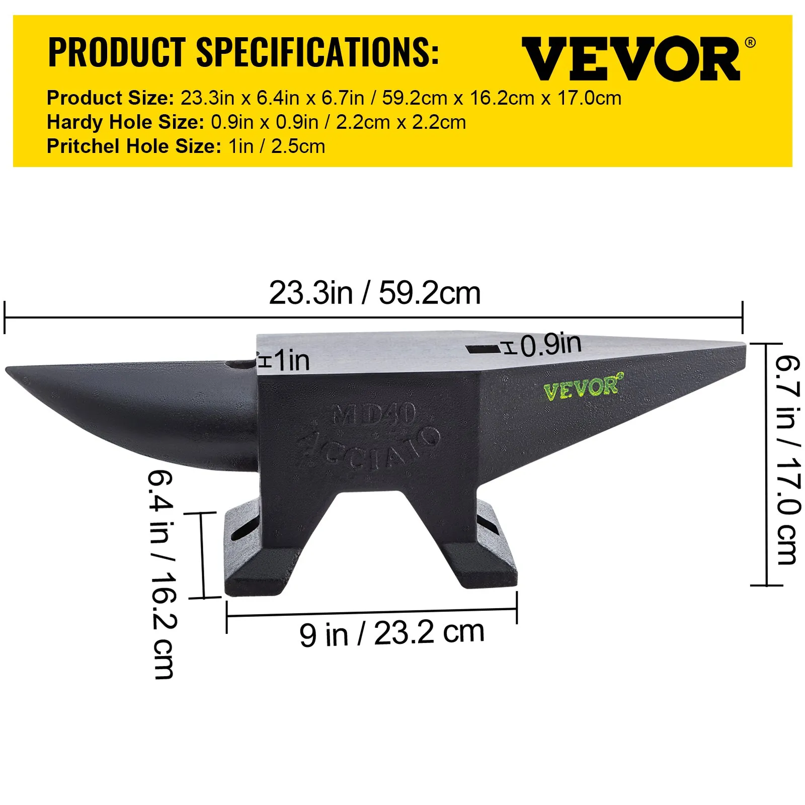 VEVOR cast iron anvil with dimensions and hole sizes displayed, black color, and VEVOR branding.