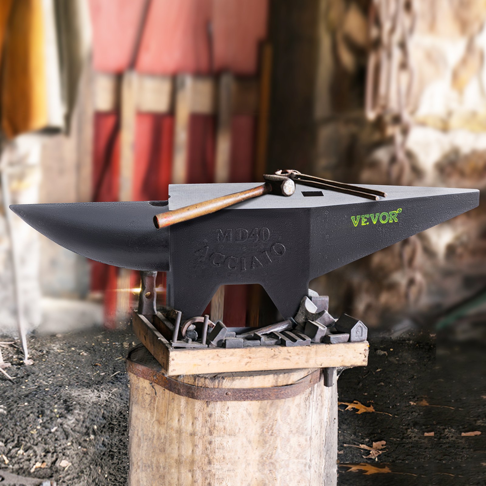 VEVOR cast iron anvil on a wooden block with tools, set against a rustic workshop background.