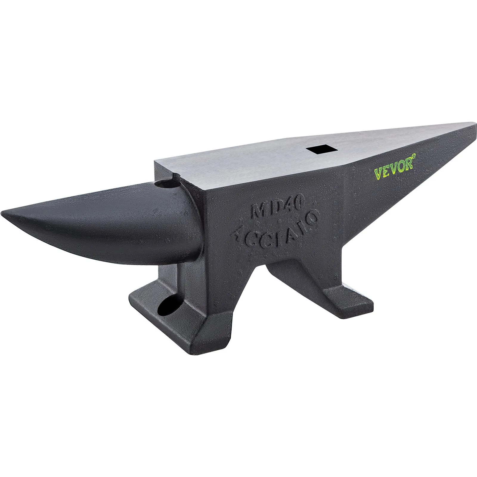 VEVOR cast iron anvil with horn and flat top, md40 acciaio engraved, sturdy base and green logo.