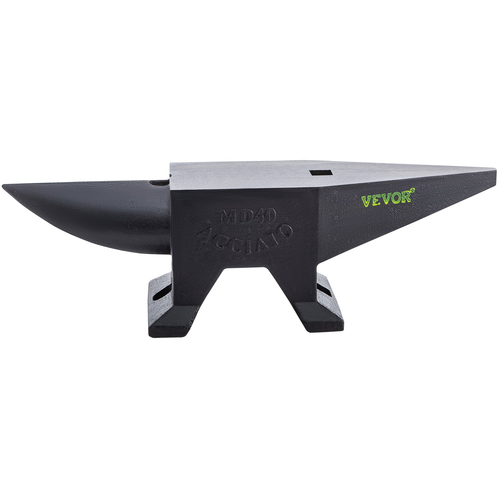 black VEVOR cast iron anvil with &quot;md40 acciaio&quot; engraved on its side and green &quot;VEVOR&quot; branding.