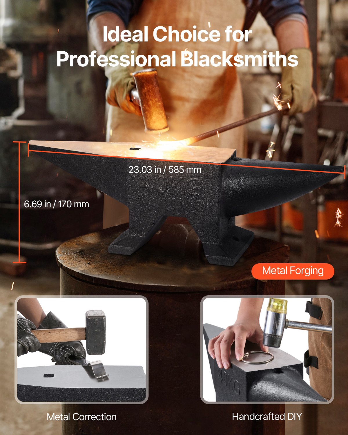 VEVOR Cast Iron Anvil, 86 Lbs Single Horn Anvil with Large Countertop and Stable Base, High Hardness Rugged Round Horn Anvil Blacksmith, for Bending, Shaping