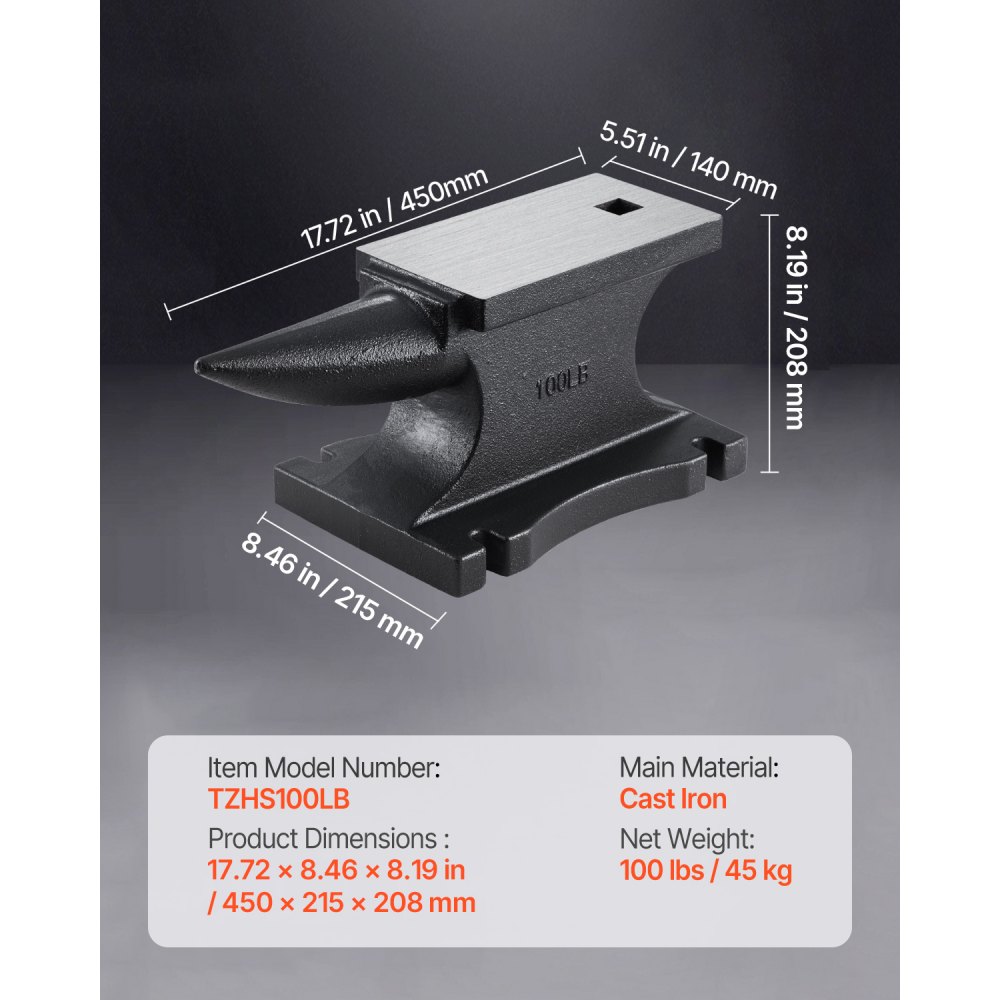 VEVOR Cast Iron Anvil, 100 Lbs/45kg Single Horn Anvil, with 10.4 x 5 in Countertop and Stable Base, High Hardness Rugged Round Horn Anvil Blacksmith, for Shaping, Bending, Twisting