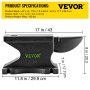 VEVOR Cast Iron Anvil, 100 Lbs(45kg)Single Horn Anvil with 10.4 x 5 in Countertop and Stable Base, High Hardness Rugged Round Horn Anvil Blacksmith, for Bending, Shaping, Twisting