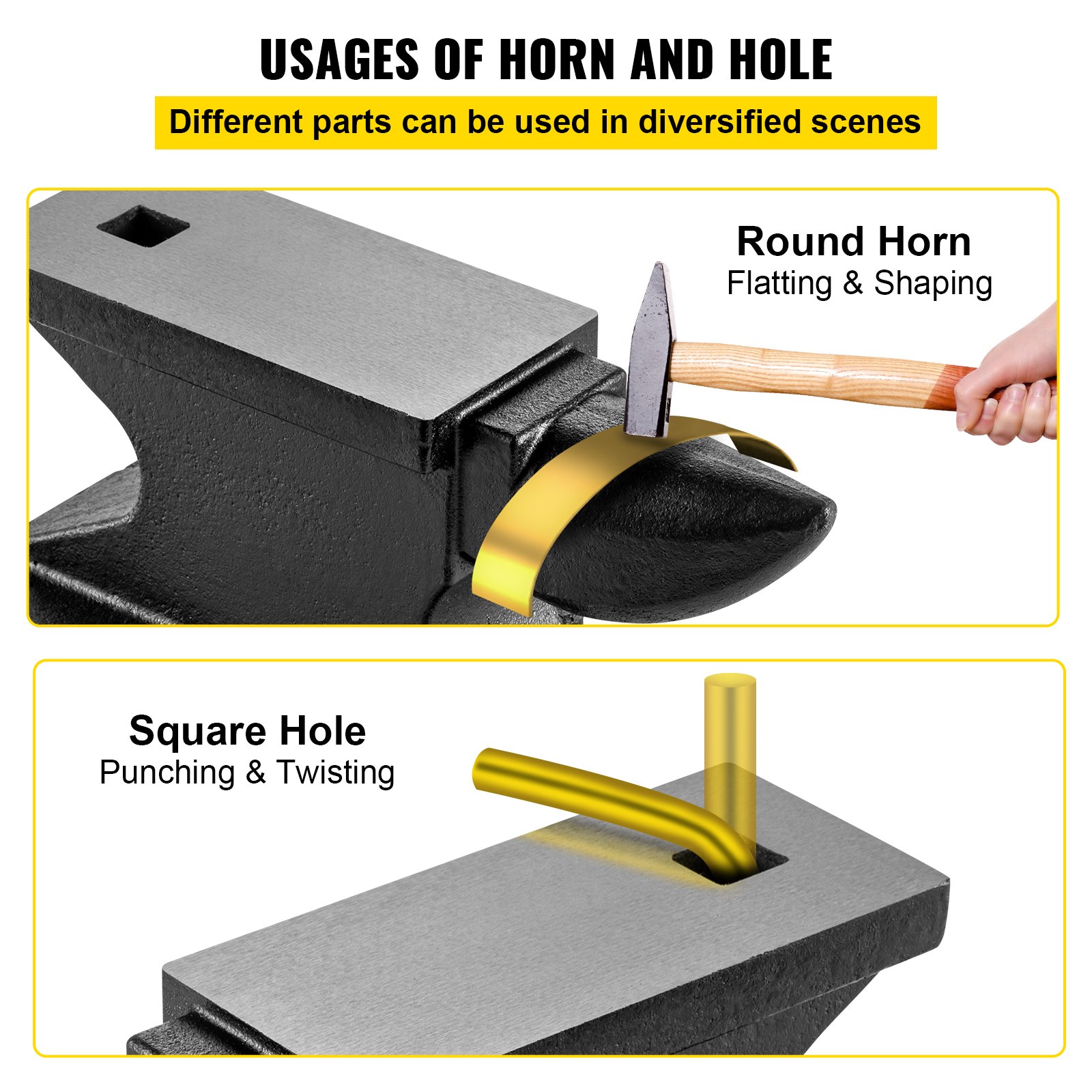 VEVOR cast iron anvil features round horn for flattening and square hole for punching and twisting.