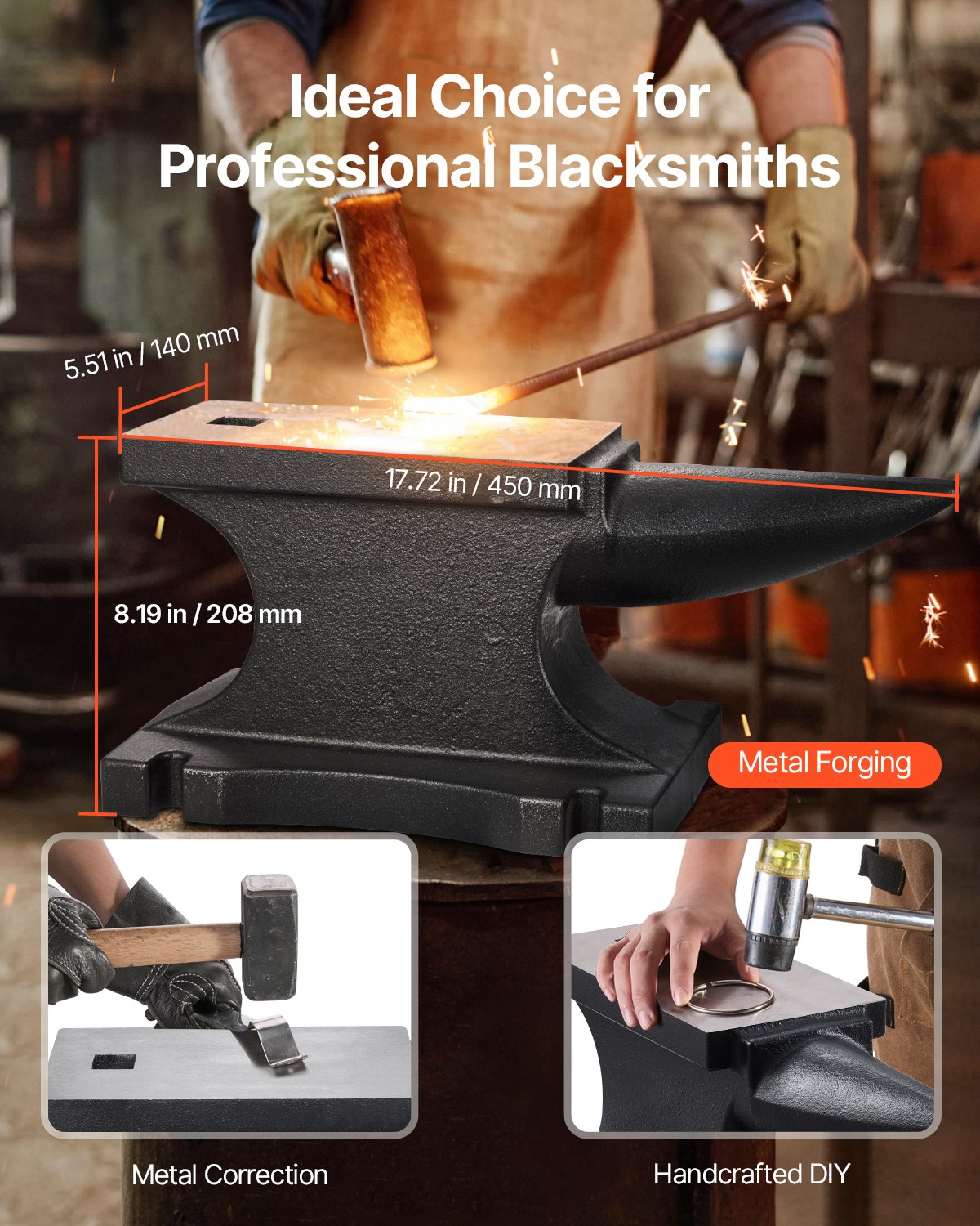 VEVOR Cast Iron Anvil, 100 Lbs/45kg Single Horn Anvil, with 10.4 x 5 in Countertop and Stable Base, High Hardness Rugged Round Horn Anvil Blacksmith, for Shaping, Bending, Twisting