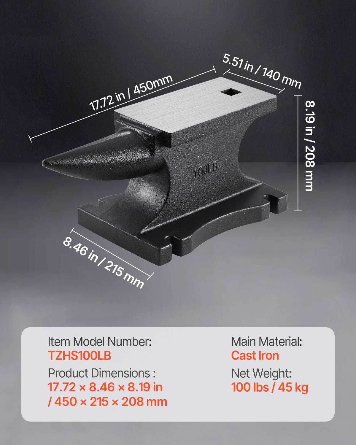 VEVOR Cast Iron Anvil, 100 Lbs/45kg Single Horn Anvil, with 10.4 x 5 in Countertop and Stable Base, High Hardness Rugged Round Horn Anvil Blacksmith, for Shaping, Bending, Twisting