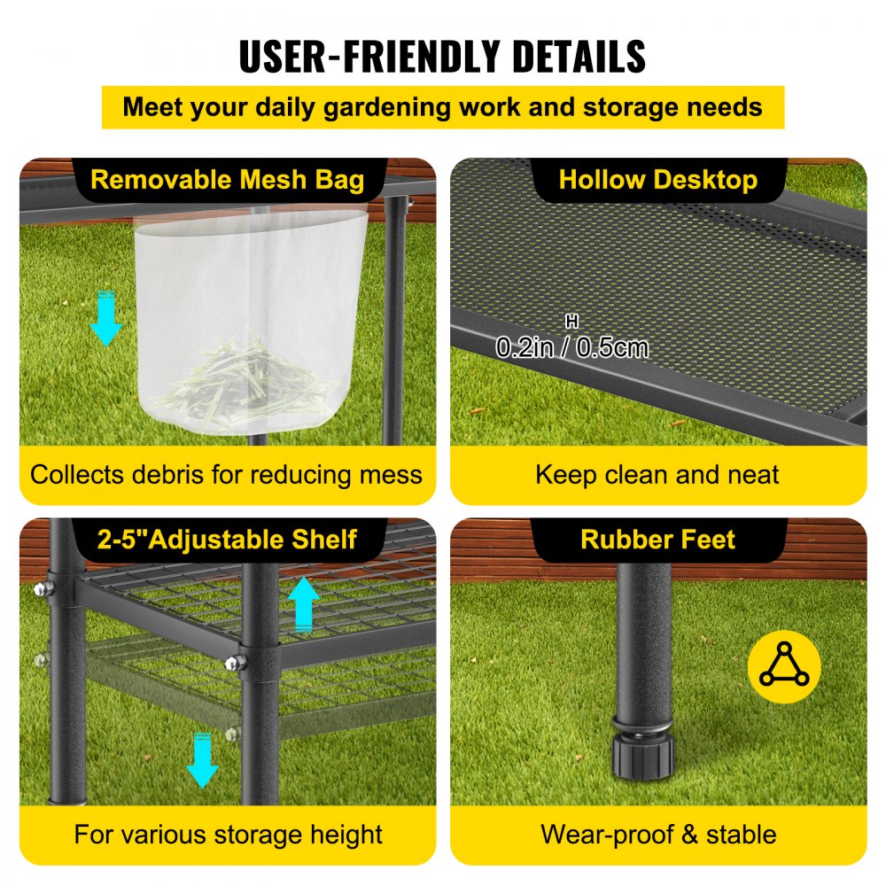 VEVOR Potting Bench, 39\" L x 15\" W x 33\" H, Steel Outdoor Workstation with Rubber Feet & Mesh Bag, Multi-use Double Layers Gardening Table for Greenhouse, Patio, Porch, Backyard, Black