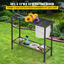VEVOR Potting Bench, 39" L x 15" W x 33" H, Steel Outdoor Workstation with Rubber Feet & Mesh Bag, Multi-use Double Layers Gardening Table for Greenhouse, Patio, Porch, Backyard, Black
