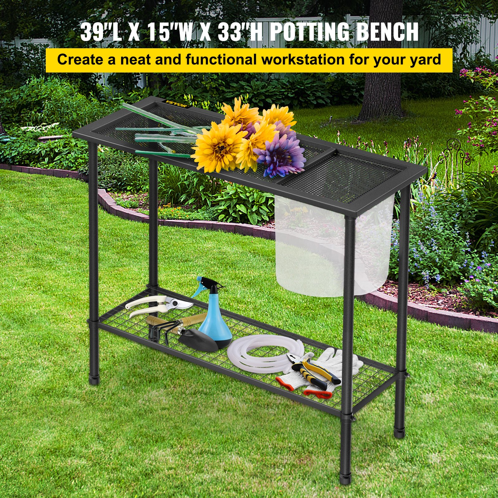 VEVOR Potting Bench, 39\" L x 15\" W x 33\" H, Steel Outdoor Workstation with Rubber Feet & Mesh Bag, Multi-use Double Layers Gardening Table for Greenhouse, Patio, Porch, Backyard, Black