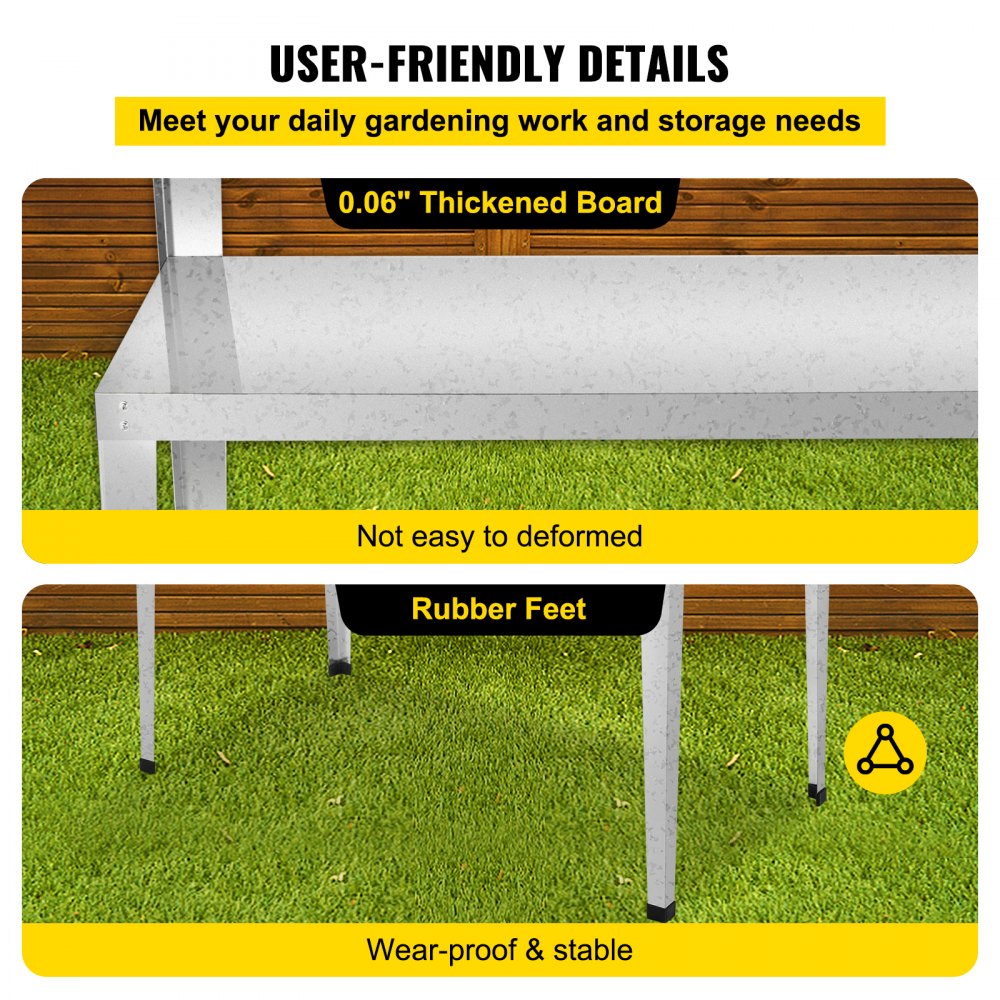 VEVOR Potting Bench, 44L x 24W x 44H in, Weathering Steel Outdoor Workstation with Rubber Feet, Multi-use Double Layers Gardening Table for Greenhouse, Patio, Porch, Backyard, Silver