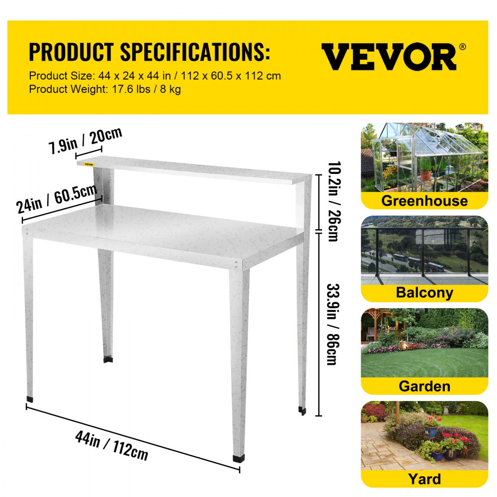 VEVOR Potting Bench, 44L x 24W x 44H in, Weathering Steel Outdoor Workstation with Rubber Feet, Multi-use Double Layers Gardening Table for Greenhouse, Patio, Porch, Backyard, Silver