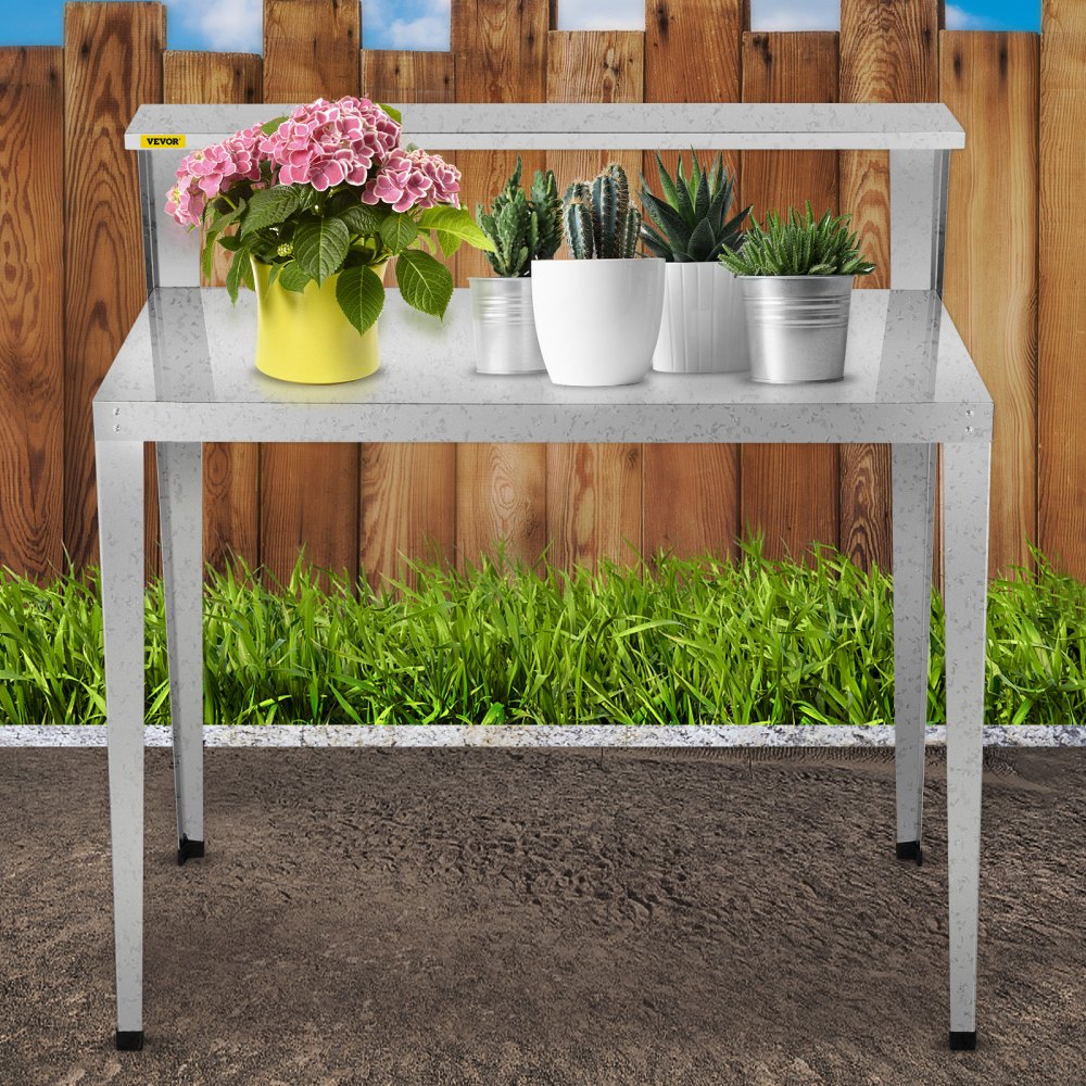 VEVOR Potting Bench, 44L x 24W x 44H in, Weathering Steel Outdoor Workstation with Rubber Feet, Multi-use Double Layers Gardening Table for Greenhouse, Patio, Porch, Backyard, Silver