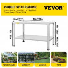 VEVOR Potting Bench, 46\" L x 20\" W x 32\" H, Galvanized Steel Outdoor Workstation with Rubber Feet, Multi-use Double Layers Gardening Table for Greenhouse, Patio, Porch, Backyard, Silver