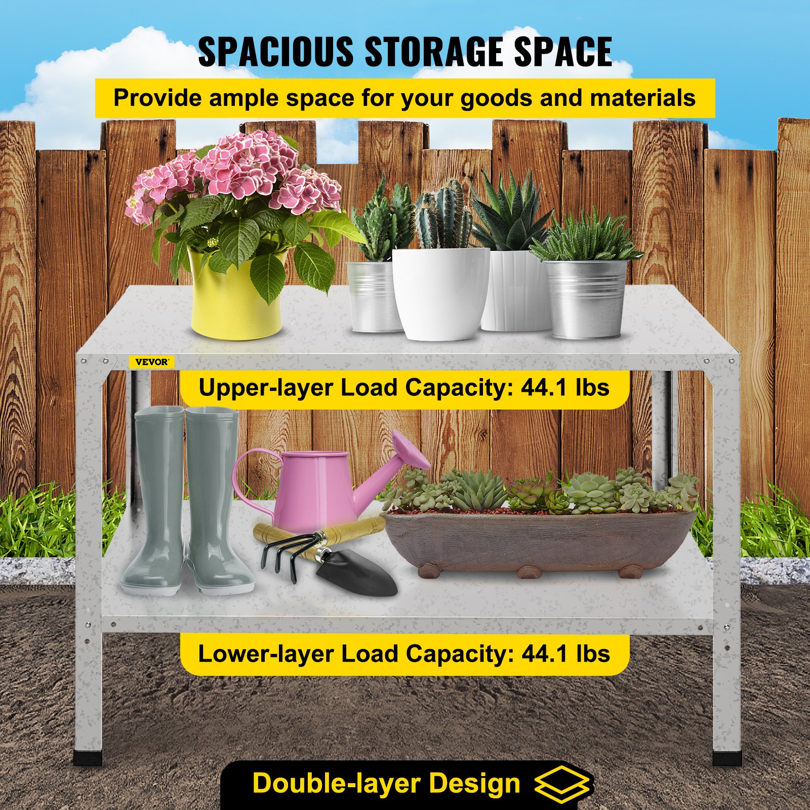 VEVOR Potting Bench, 46\" L x 20\" W x 32\" H, Galvanized Steel Outdoor Workstation with Rubber Feet, Multi-use Double Layers Gardening Table for Greenhouse, Patio, Porch, Backyard, Silver