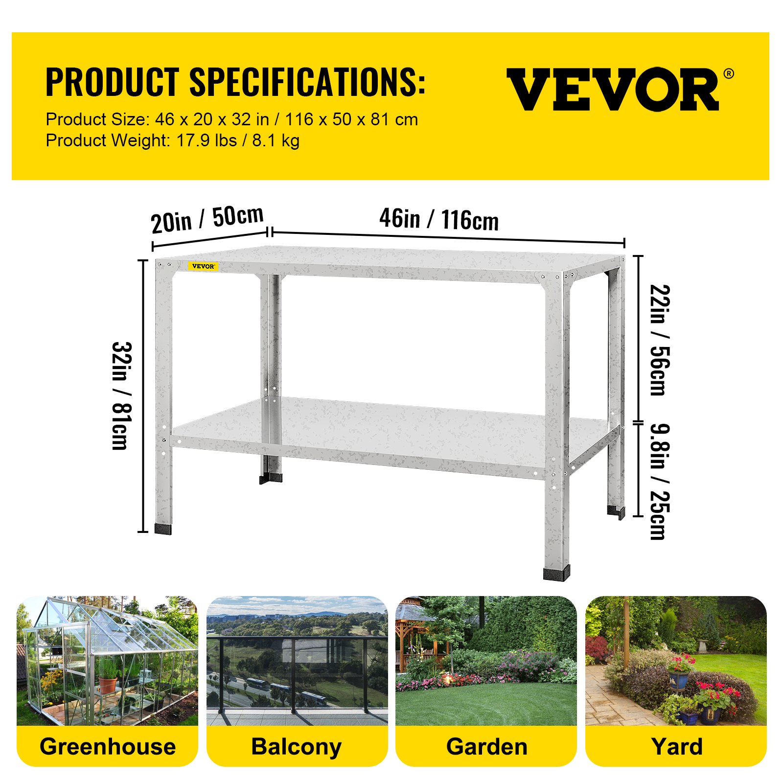 VEVOR Potting Bench, 46\" L x 20\" W x 32\" H, Galvanized Steel Outdoor Workstation with Rubber Feet, Multi-use Double Layers Gardening Table for Greenhouse, Patio, Porch, Backyard, Silver
