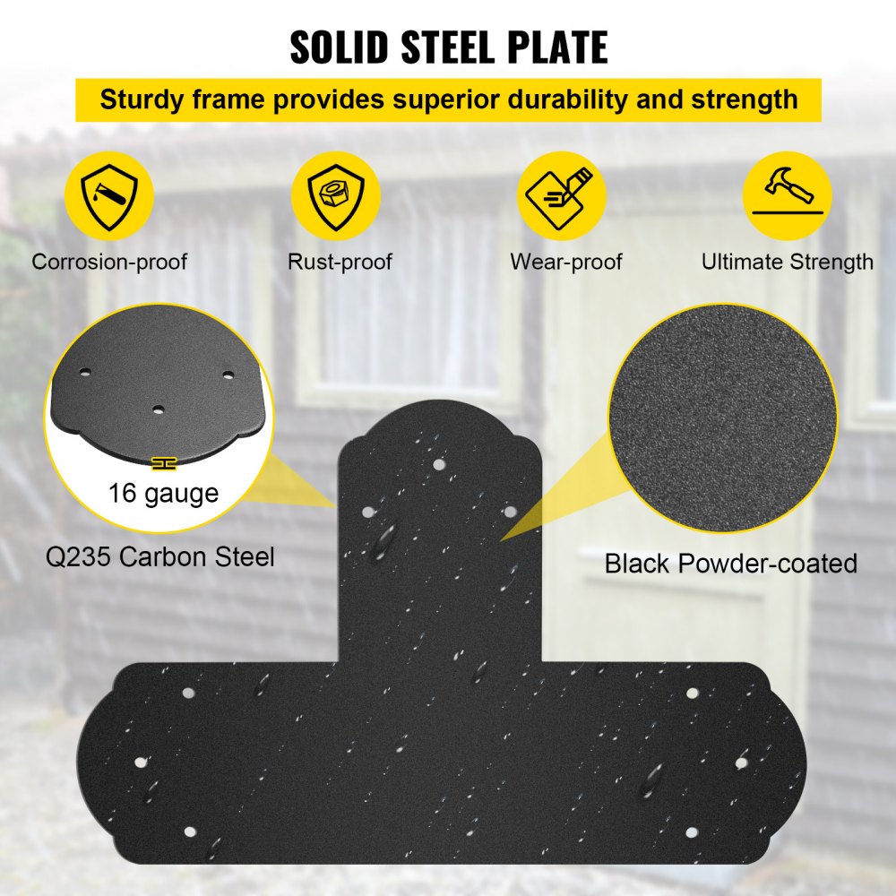 VEVOR T Bracket, 6'' x 6'', 8 PCs Black Powder-coated T Mending Plate, 16 Gauge Steel T-shaped Tie Flat Connector with Screws Set, Post to Beam Bracket for Repair Wood Furniture