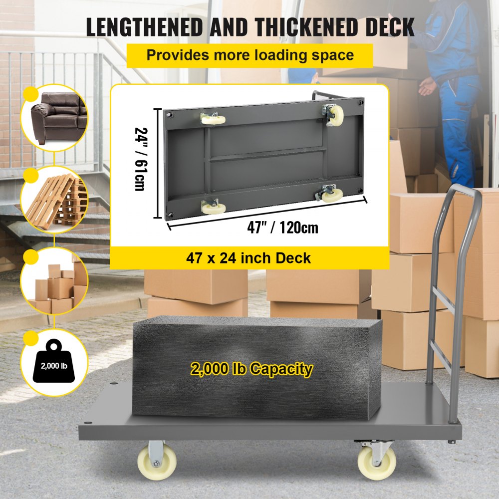 VEVOR Platform Truck, 907.2 kg Capacity Steel flatbed Cart, 119.4 cm Length x 61 cm Width x 81.3 cm Height Flat Dolly, Hand Trucks with 12.7 cm Nylon Casters, Heavy-Duty Utility Push Carts for Luggage Moving