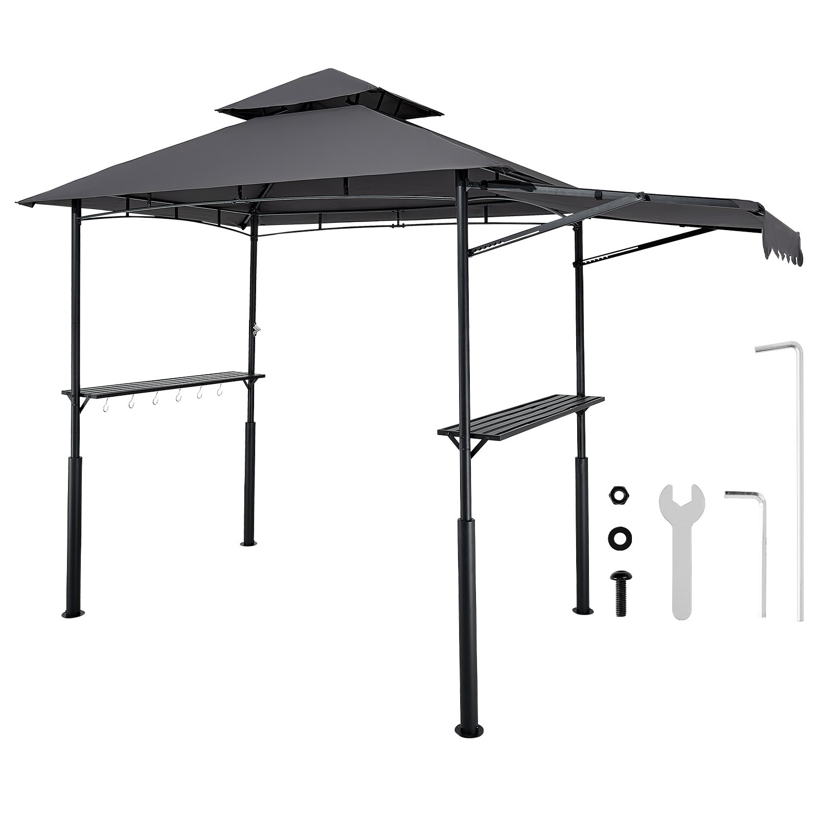 Gazebo para barbacoa VEVOR de 2,4 x 1,5 m con dos niveles y toldo adicional, de acero con recubrimiento en polvo, con 2 estantes laterales, abrebotellas y ganchos, ideal para jardín.