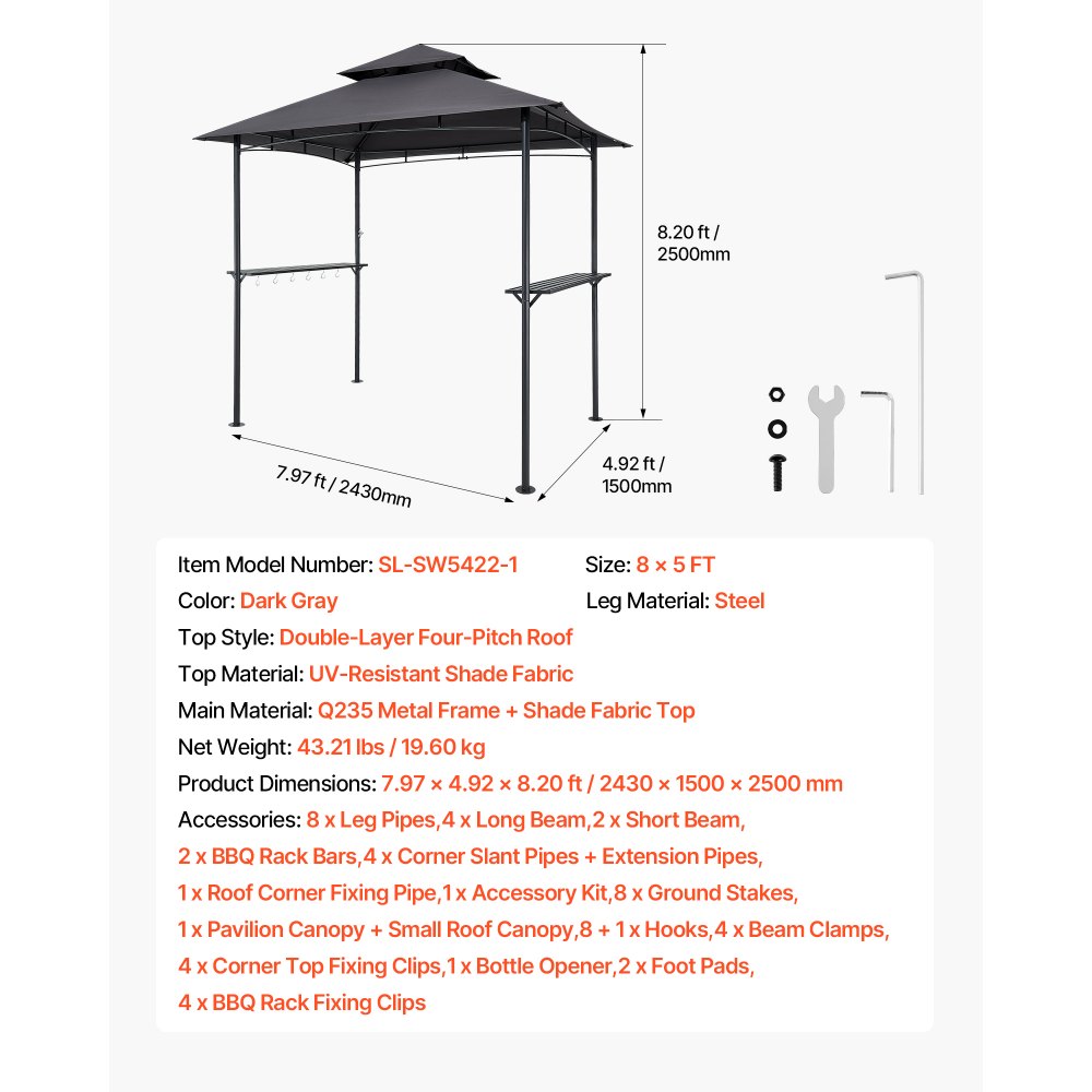 VEVOR Grill Gazebo, 2.43 x 1.5 m Outdoor BBQ Gazebo with Double-Tiered Roof, Powder-Coated Steel Patio Grill Shelter with 2 Side Shelves & 8 Hooks, Grilling Canopy for Patio Backyard Garden Picnic