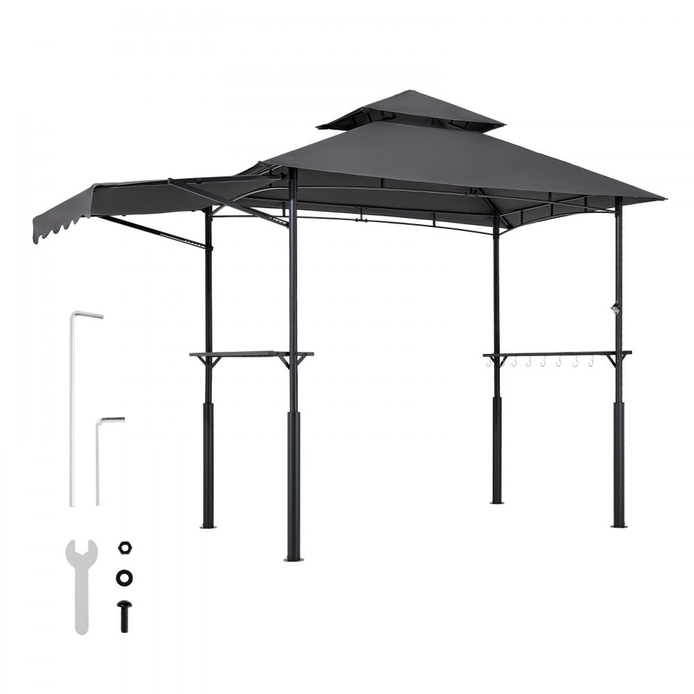 VEVOR Grill Gazebo, 2.43 x 1.5 m Double-Tiered Top, Reinforced BBQ Gazebo with Extra Awning, Powder-Coated Steel Patio Grill Shelter with 2 Side Shelves & Hooks, Outdoor Grilling Canopy for Garden