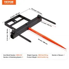 VEVOR 39" Hay Spear, Bale Spears 1600lbs Loading Capacity, Skid Steer Loader Tractor Bucket Attachment with 2pcs 17.5" Stabilizer Spears and 60" Chain, Quick Attach Spike Forks