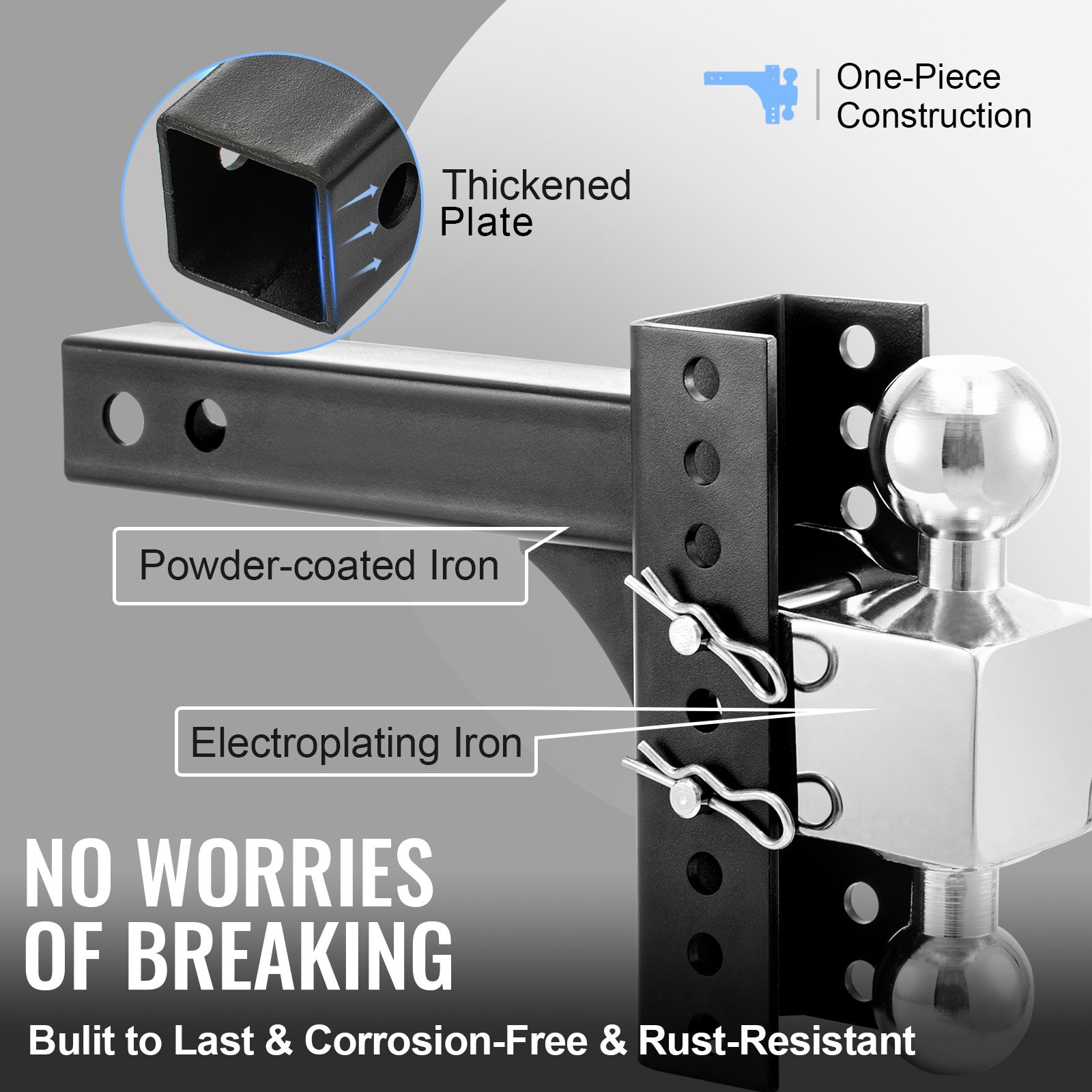 VEVOR adjustable trailer hitch with thickened plate, powder-coated iron, and electroplating iron finish.
