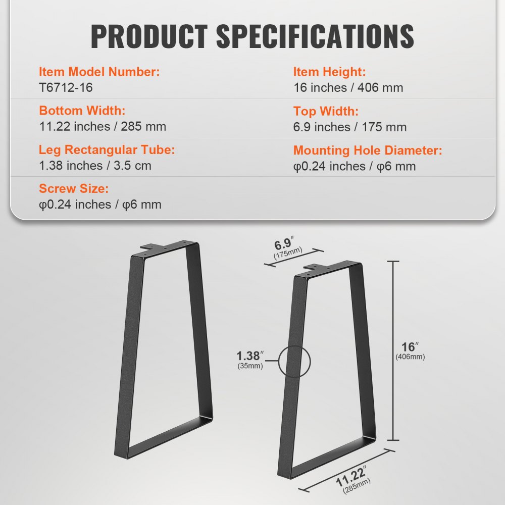VEVOR table legs specifications: height 16 inches, top width 6.9 inches, bottom width 11.22 inches.