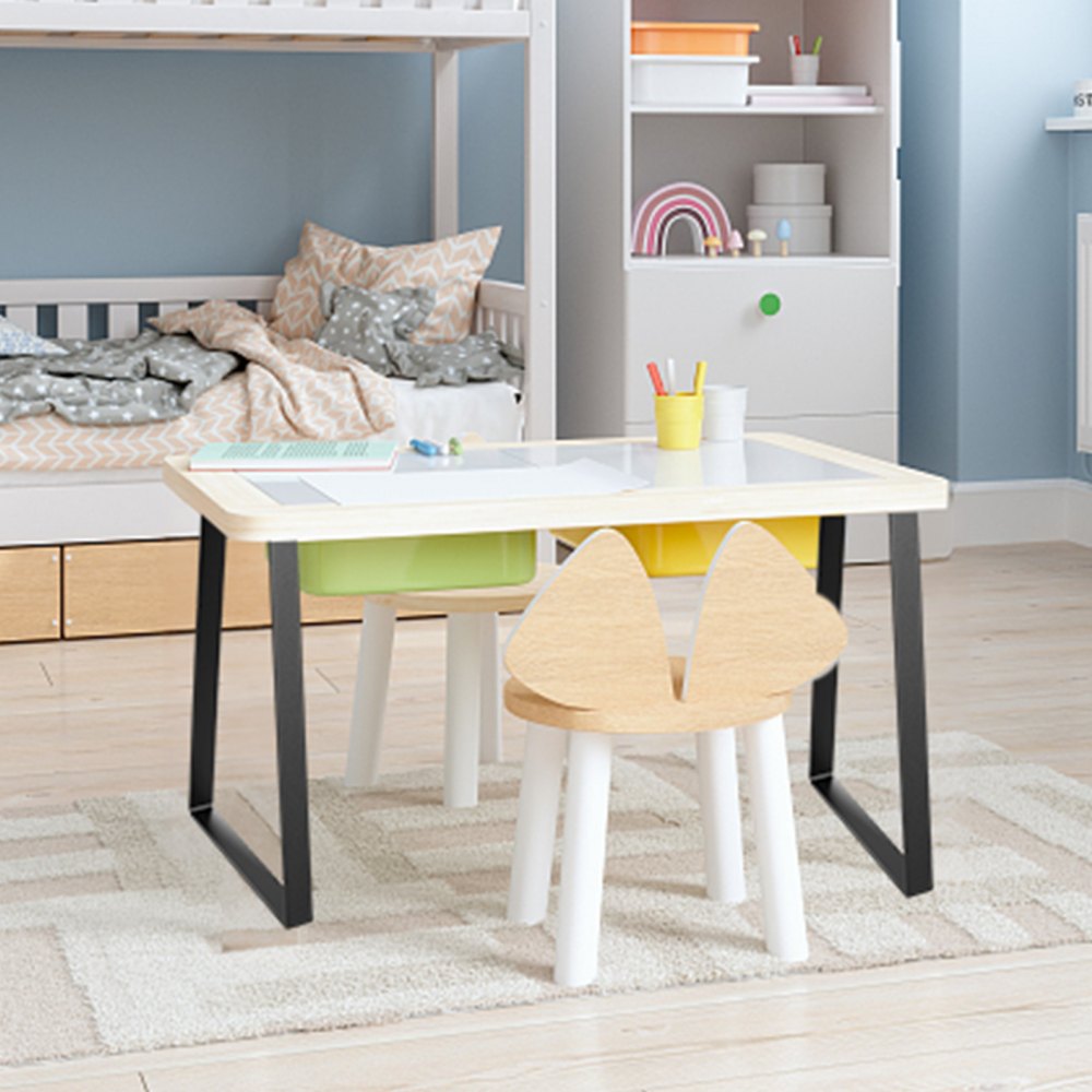 modern kids&#039; room with a study table featuring VEVOR table legs, toy storage, and a cozy bed.
