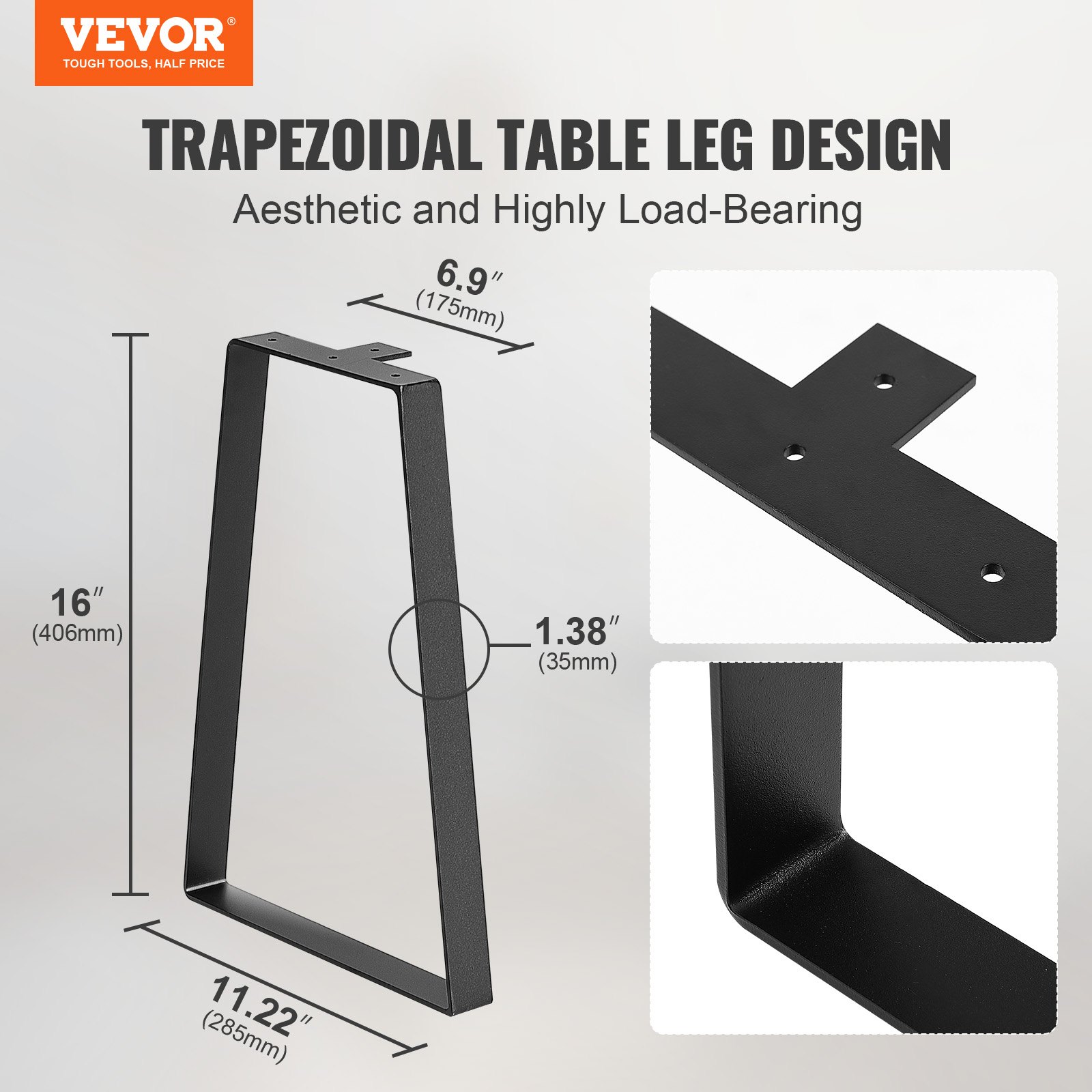 VEVOR trapezoidal table legs, 16&quot; height, 11-22&quot; width, showcasing a sturdy, aesthetic design.