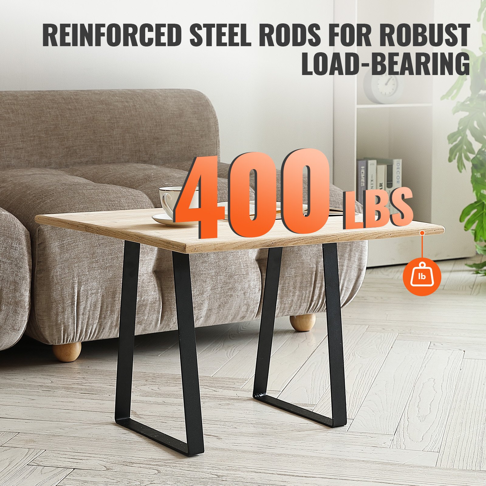 VEVOR table legs in black supporting a wooden table top, with &quot;400 lbs&quot; load capacity text overlaid.