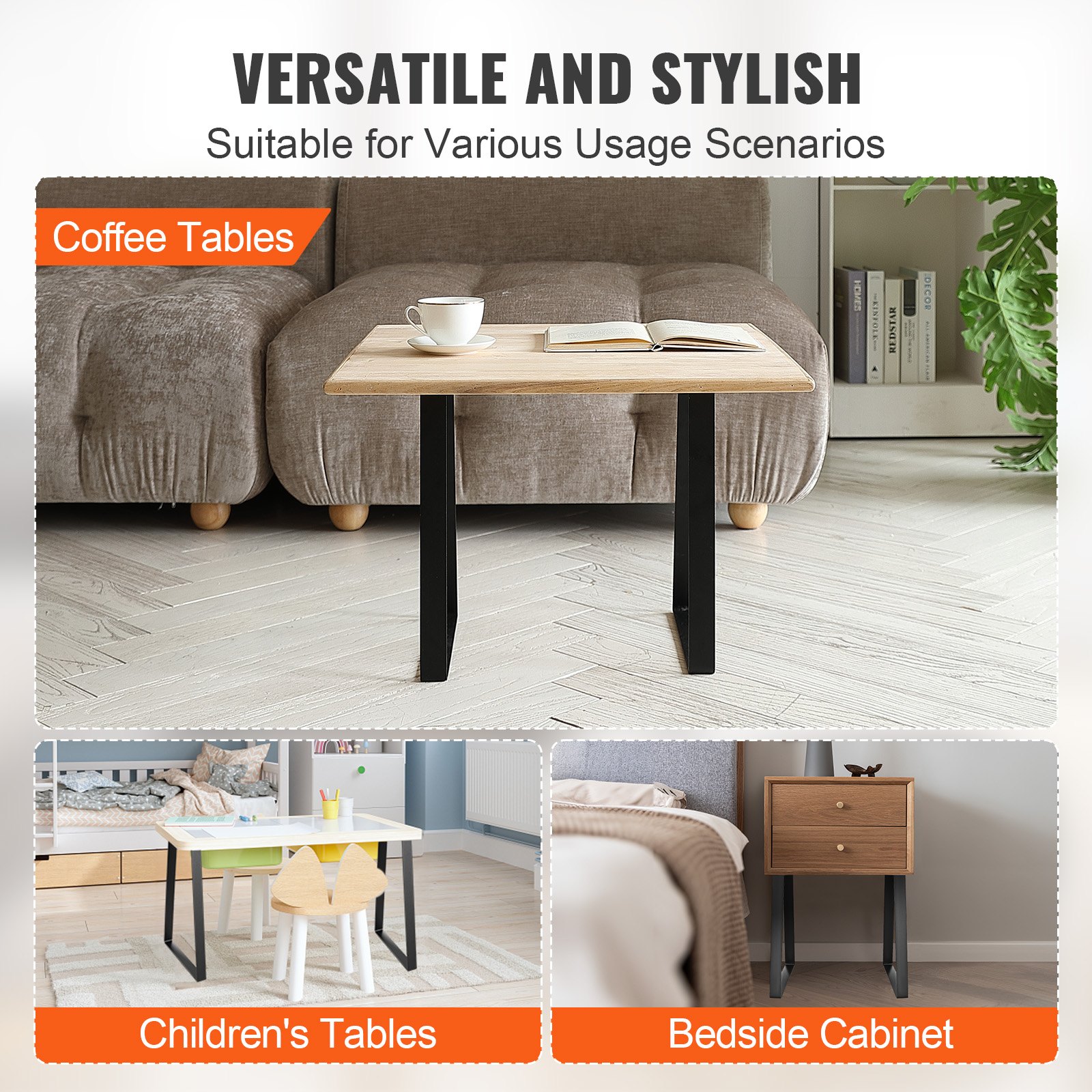 VEVOR table legs displayed on coffee tables, children&#039;s tables, and a bedside cabinet; versatile and stylish.