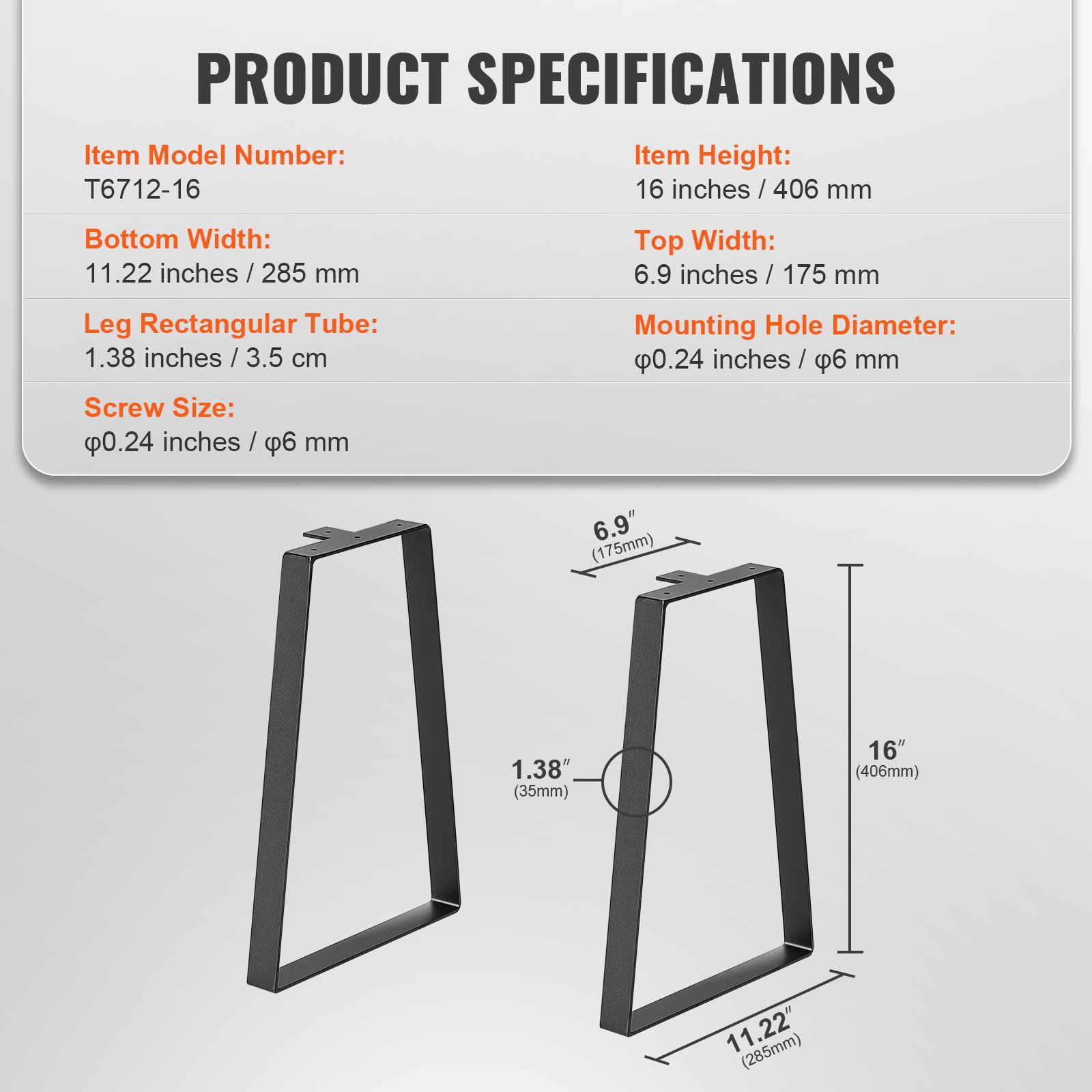 VEVOR table legs specifications: height 16 inches, top width 6.9 inches, bottom width 11.22 inches.