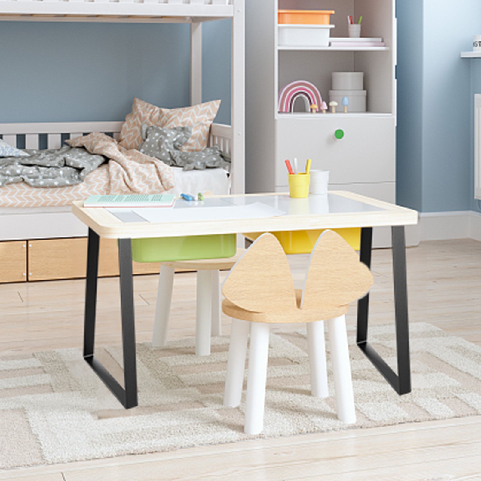 modern kids&#039; room with a study table featuring VEVOR table legs, toy storage, and a cozy bed.